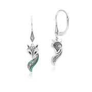 Boucles d'Oreilles Pendantes Renard Style Art Nouveau en Argent Sterling avec Marcasiteet Email Noir et Vert