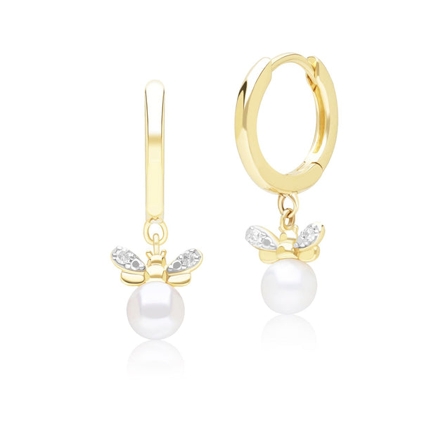 Boucles d'Oreilles Créoles Abeille Style Honeycomb en Or Jaune 9ct avec Perle et Diamant