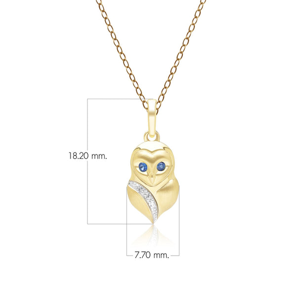 Pendentif Gardenia Chouette en Or Jaune 9ct avec Saphir Bleu et Saphir Blanc