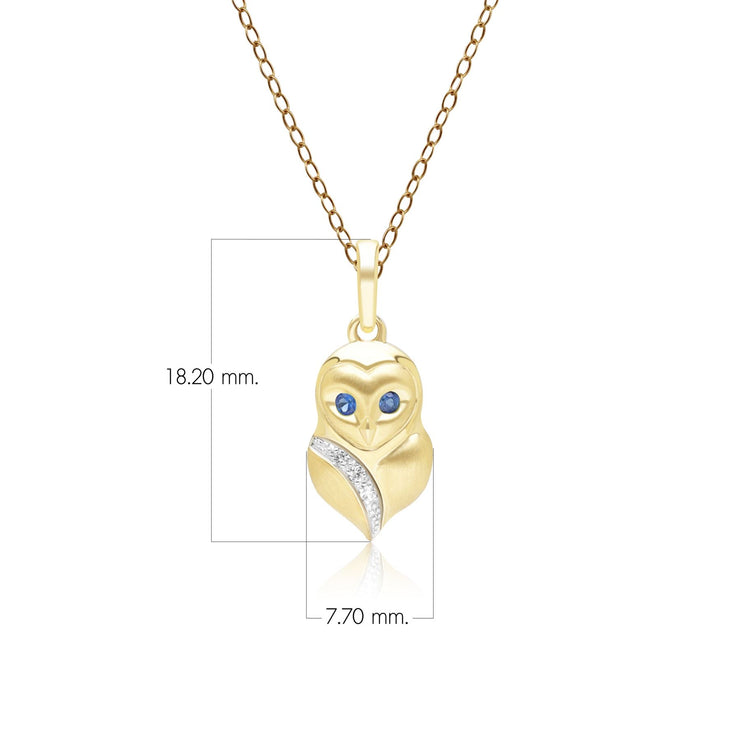 Pendentif Gardenia Chouette en Or Jaune 9ct avec Saphir Bleu et Saphir Blanc