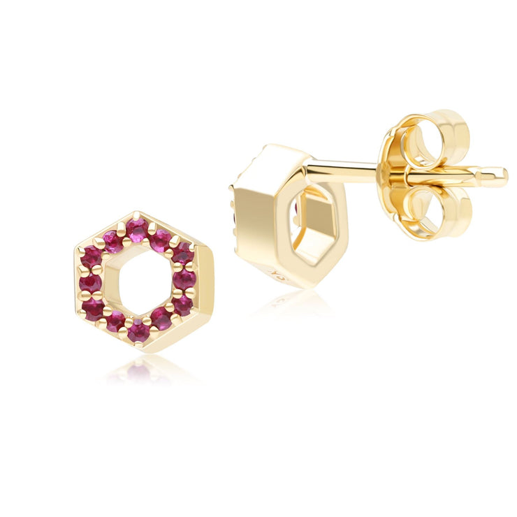 Boucles d'oreilles clou Geometric Hex en or jaune 9ct avec rubis