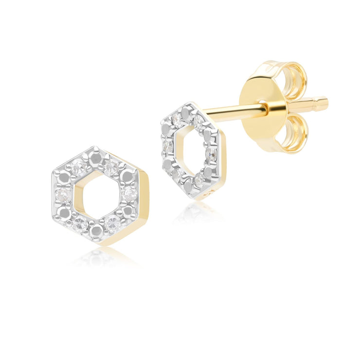 Boucles d'oreilles clou Geometric Hex en or jaune 9ct avec diamant