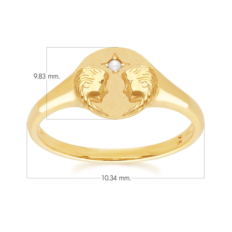 Bague Chevalière Zodiaque Gémeaux en Or Jaune 9ct avec une Perle