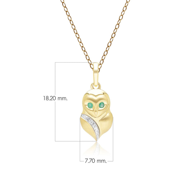 Pendentif Gardenia Chouette en Or Jaune 9ct avec Emeraude et Saphir Blanc