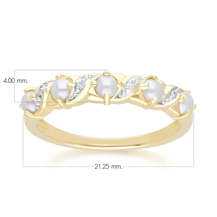 Bague Eternité Classique Style Art Nouveau en Or Jaune 9ct avec Perle et Diamant