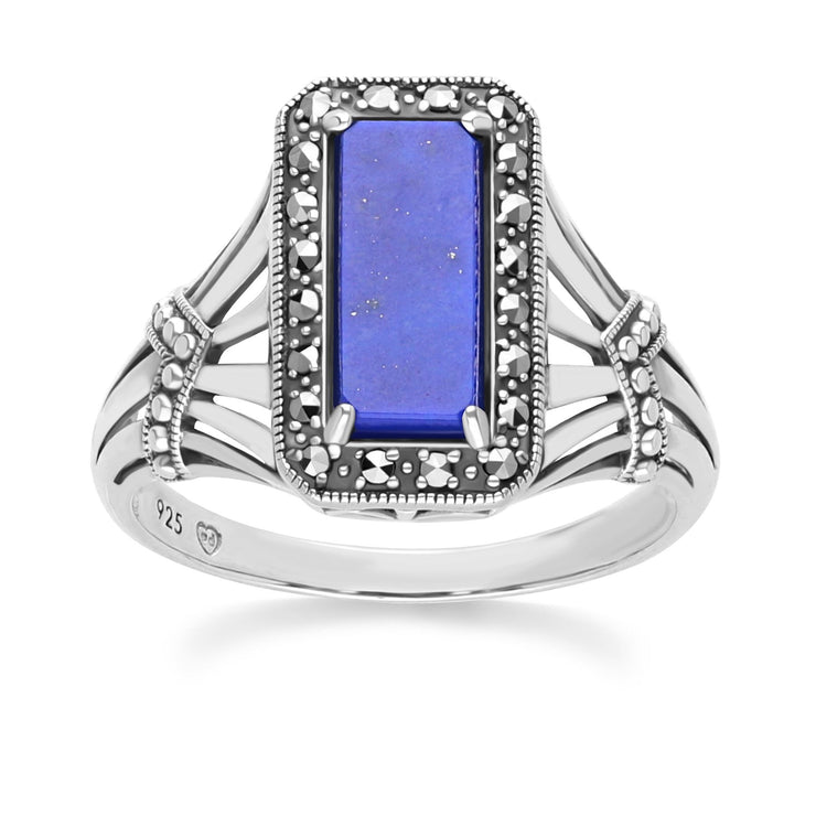 Bague Style Art Déco Octogone en Argent Sterling avec Lapis Lazuli et Marcassite