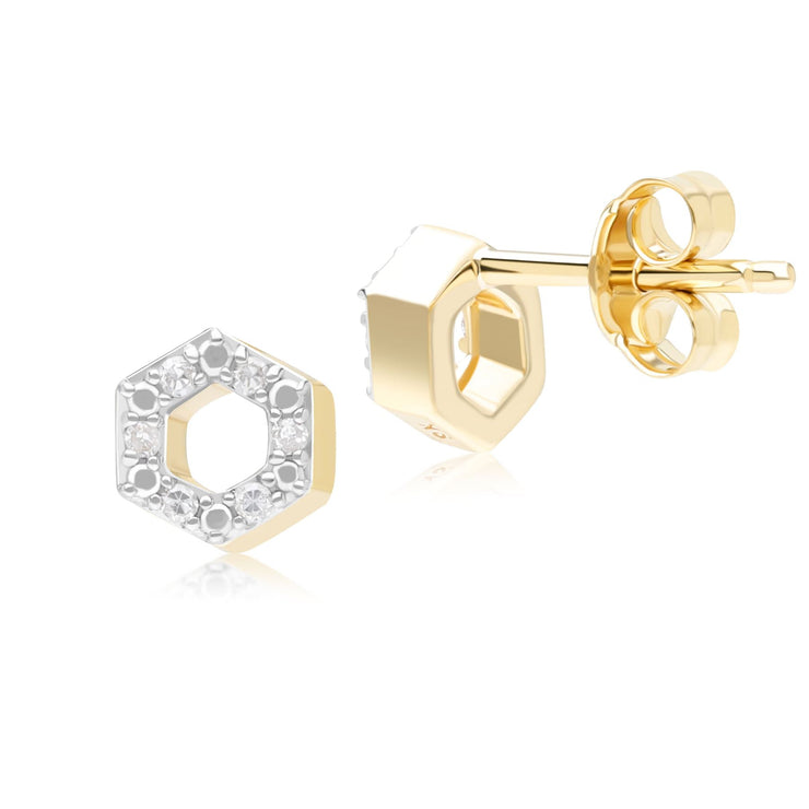 Boucles d'oreilles clou Geometric Hex en or jaune 9ct avec diamant