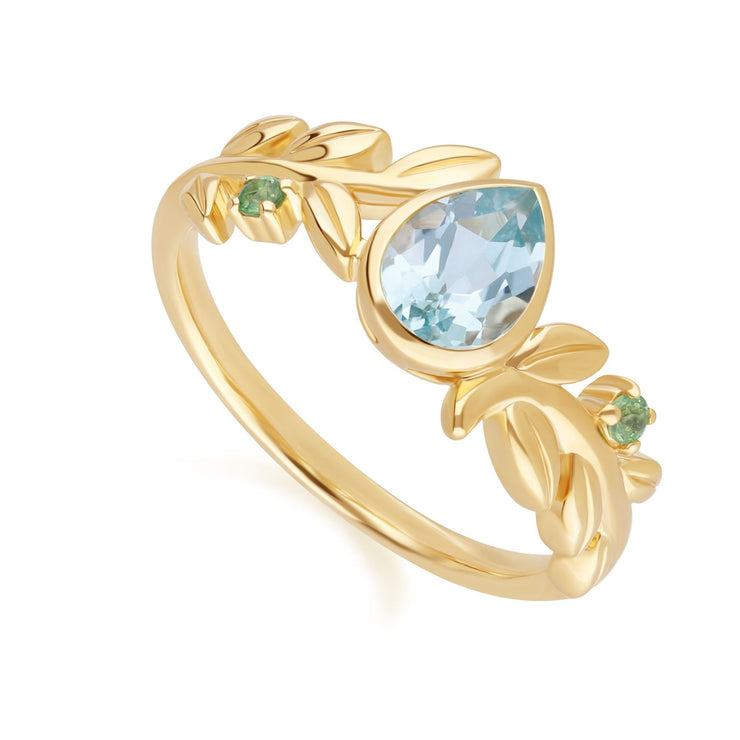 Bague O Leaf en Or Jaune 9ct avec Topaze Bleu et Tsavorite