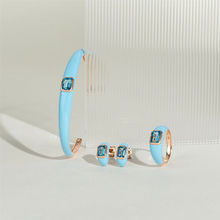 Bague Siberian Waltz En Émail Bleu Et Topaze Bleu Ciel Octogonale En Or Vermeil Rose