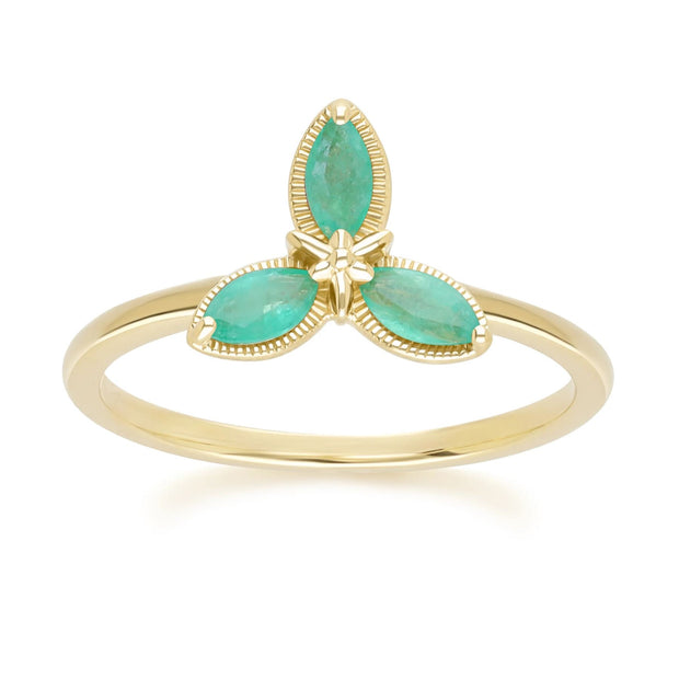 Bague Floral avec Emeraude Marquise en Or Jaune 9ct