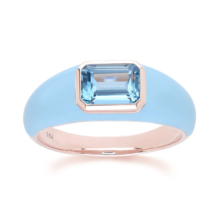 Bague Siberian Waltz En Émail Bleu Et Topaze Bleu Ciel Octogonale En Or Vermeil Rose