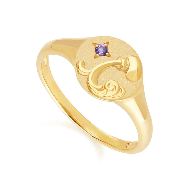 Bague Chevalière Zodiaque Verseau en Or Jaune 9ct avec une Améthyste