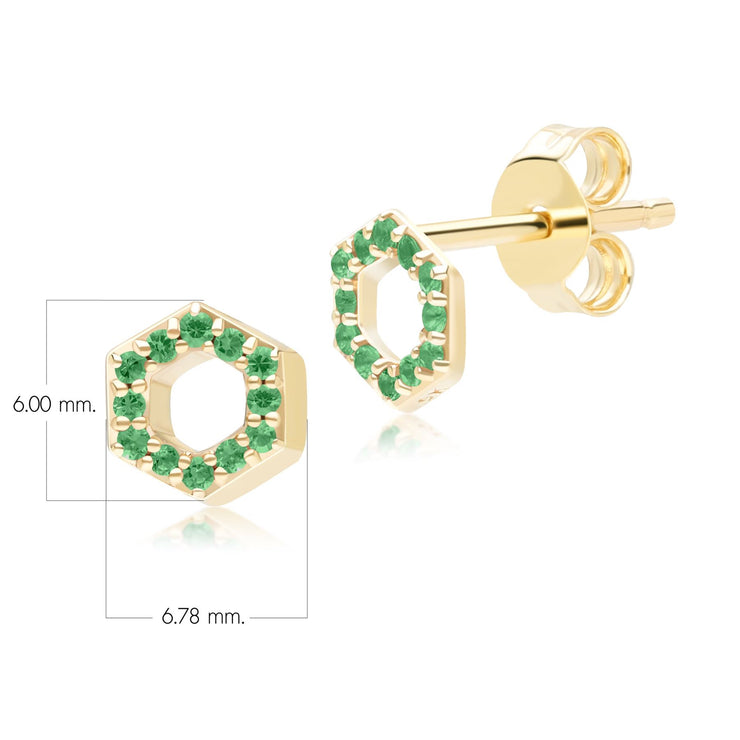 Boucles d'oreilles clou Geometric Hex en or jaune 9ct avec émeraude