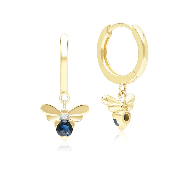 Boucles d'Oreilles Créoles Abeille Style Honeycomb en Or Jaune 9ct avec Saphir bleu et Diamant