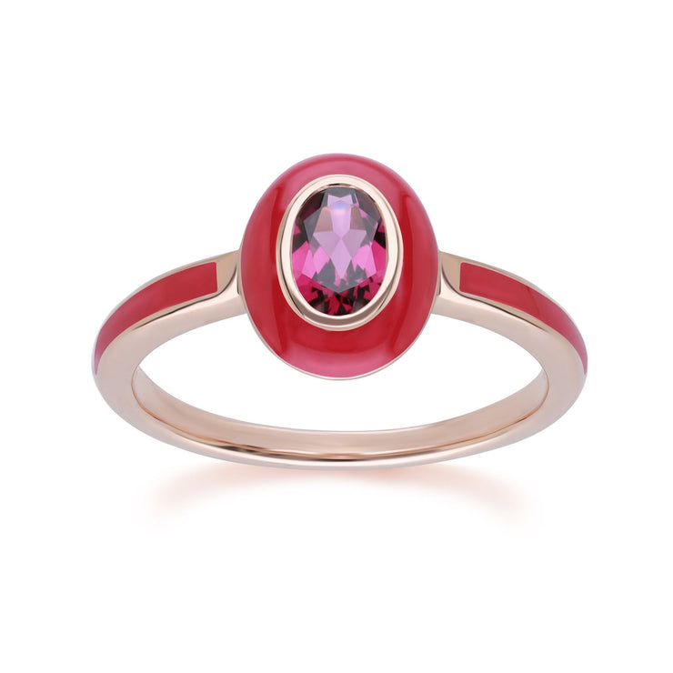 Bague Siberian Waltz en émail rose et rhodolite ovale en argent sterling doré à l'or fin rose