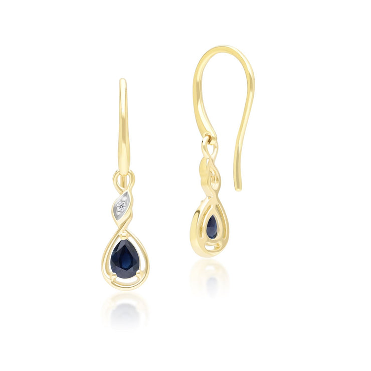 Boucles d'Oreilles Pendantes Classique en Or Jaune 9ct avec Saphir Poire et Diamants