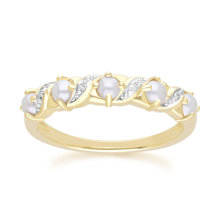 Bague Eternité Classique Style Art Nouveau en Or Jaune 9ct avec Perle et Diamant