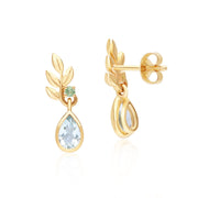 Boucles d'Oreilles Pendantes O Leaf en Or Jaune 9ct avec Topaze Bleu et Tsavorite