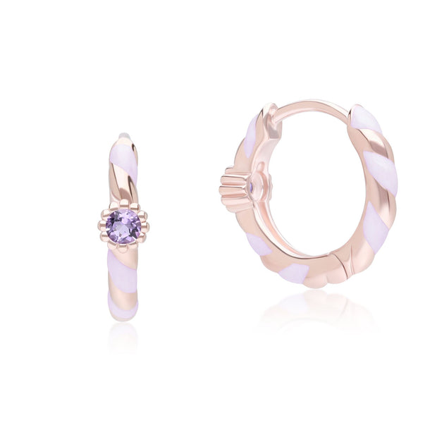 Boucles d'oreilles créoles Siberian Waltz en émail violet et améthyste rose ronde en vermeil or rose