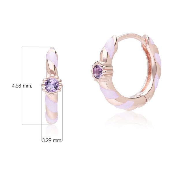 Boucles d'oreilles créoles Siberian Waltz en émail violet et améthyste rose ronde en vermeil or rose