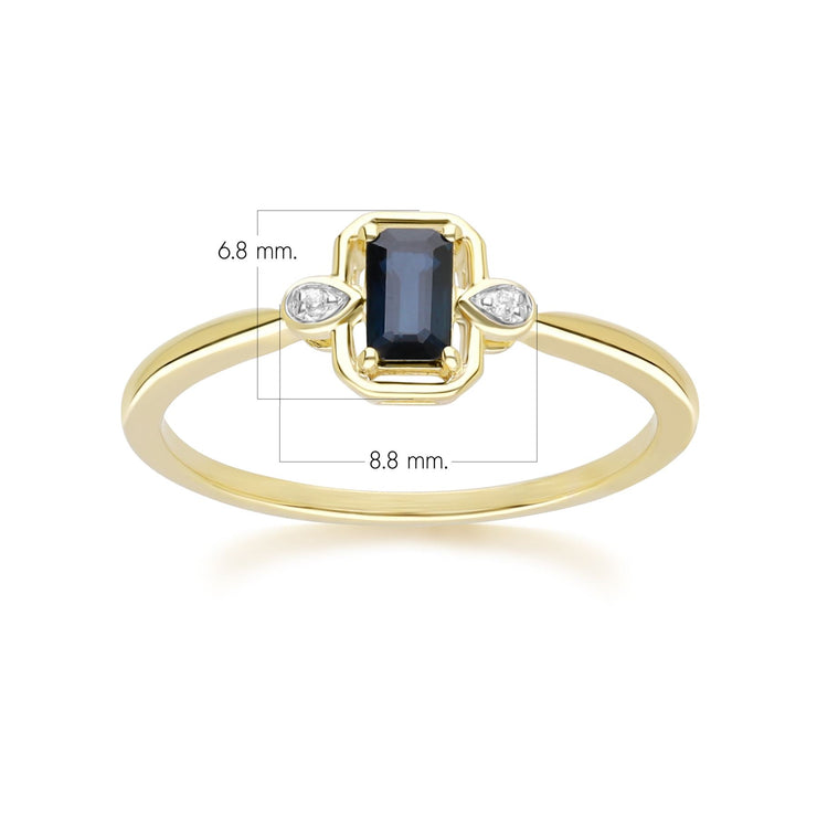 Bague Classique en Or Jaune 9ct avec Saphir Baguette et Diamants