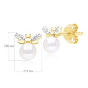 Boucles d'Oreilles Clou Abeille Style Honeycomb en Or Jaune 9ct avec Perle et Diamant