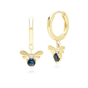 Boucles d'Oreilles Créoles Abeille Style Honeycomb en Or Jaune 9ct avec Saphir bleu et Diamant