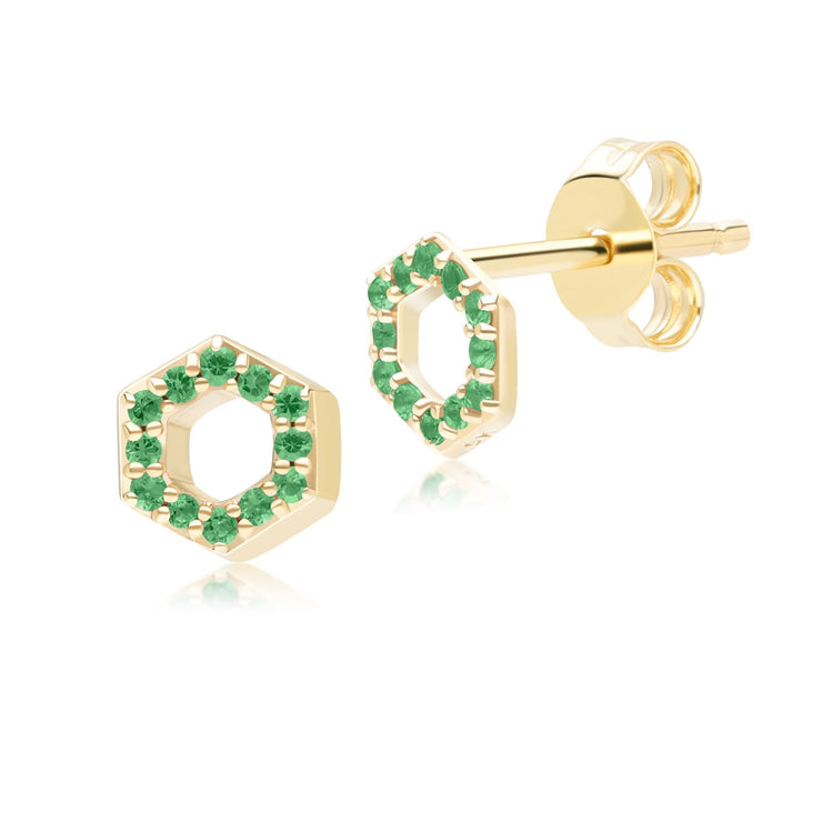 Boucles d'oreilles clou Geometric Hex en or jaune 9ct avec émeraude