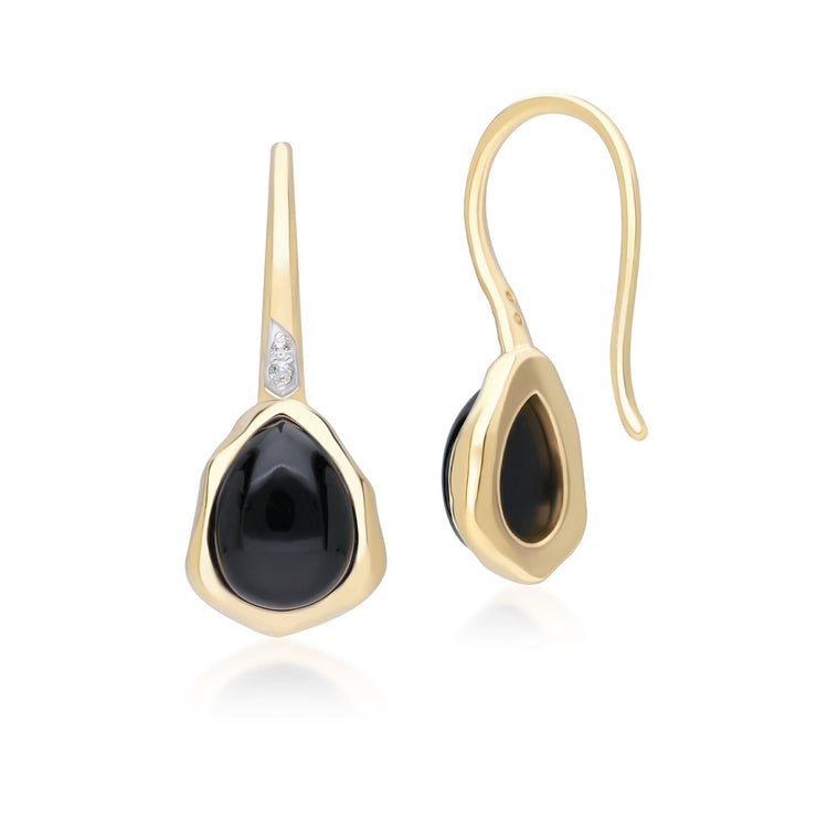 Boucles d'Oreilles Pendantes Irrégulier en Argent Sterling Doré à l'Or Fin avec Onyx Noire et Topaze