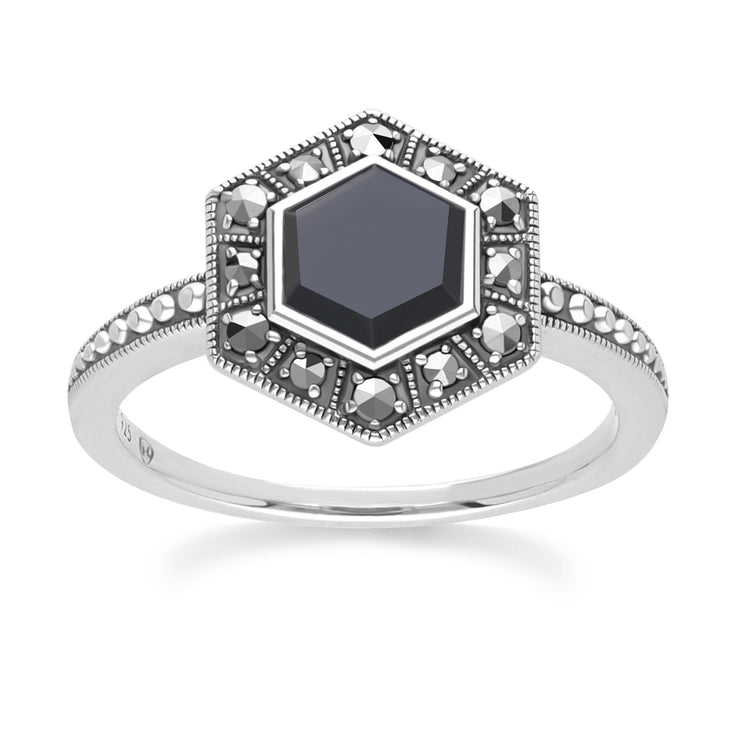 Bague Style Art Déco en Argent Sterling 925 avec Onyx Hexagone et Marcassite