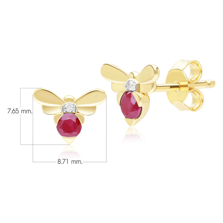 Boucles d'Oreilles Clou Abeille Style Honeycomb en Or Jaune 9ct avec Rubis et Diamant