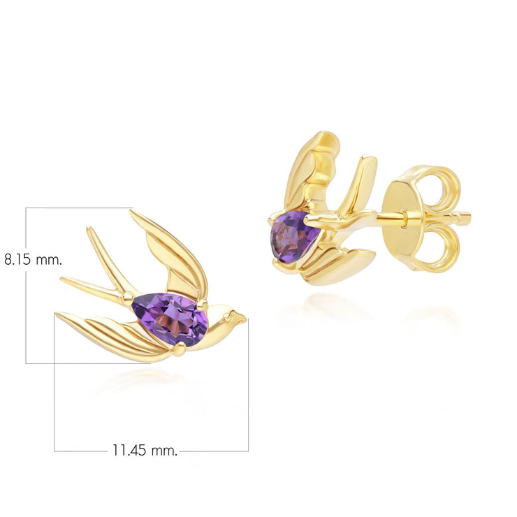 Boucles d'Oreilles Clou ECFEW™ Creator Colibri en Argent 925 Doré à l'Or Fin avec Améthyste