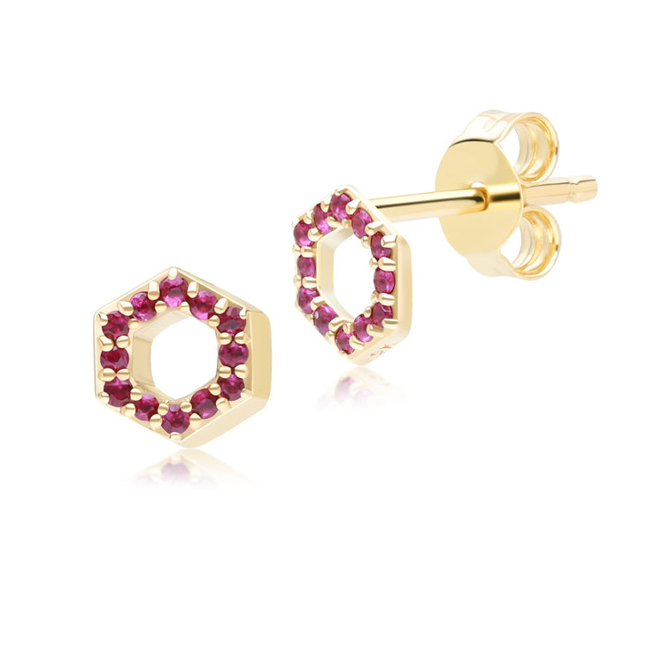 Boucles d'oreilles clou Geometric Hex en or jaune 9ct avec rubis