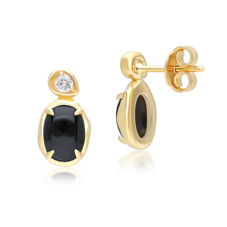 Boucles d'Oreilles Pendantes Irrégulières en Argent Massif Doré à l'Or Fin avec Onyx Noir Ovale et Topaze