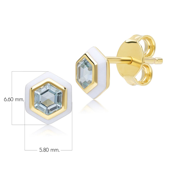 Boucles d'oreilles clou Geometric Hex avec topaze bleue et émail blanc en argent sterling doré à l'or fin