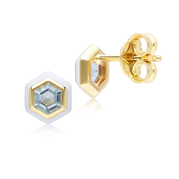 Boucles d'oreilles clou Geometric Hex avec topaze bleue et émail blanc en argent sterling doré à l'or fin