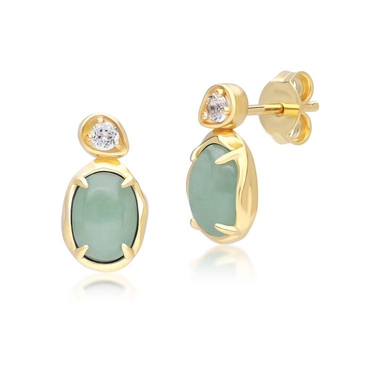 Boucles d'Oreilles Pendantes Irrégulier en Argent Sterling Doré à l'Or Fin avec Jade Verte Teinte Ovale et Topaze
