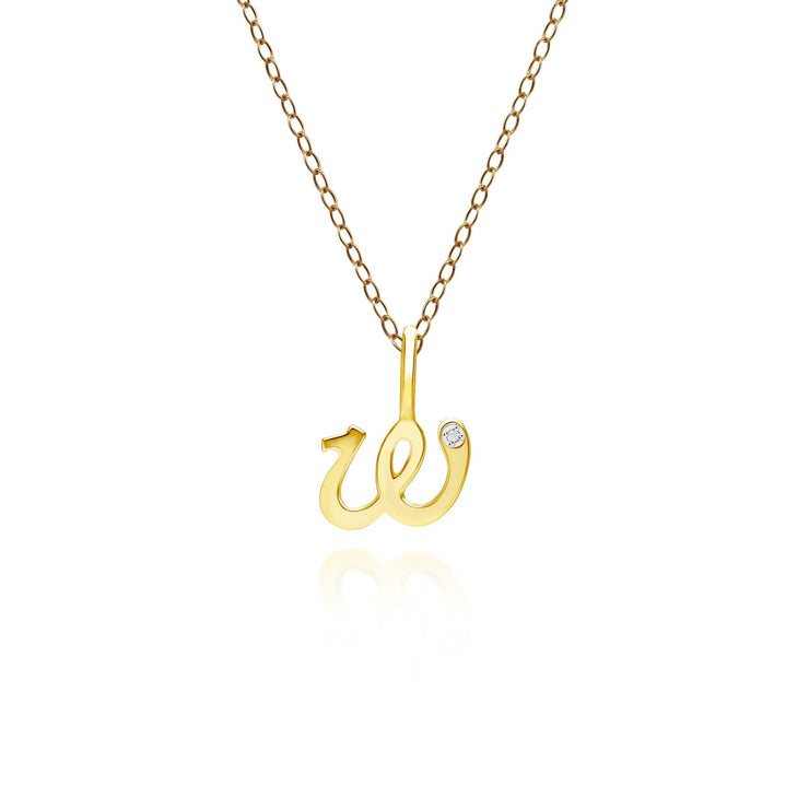 Pendentif Alphabet Lettre W en Or Jaune 9ct avec Diamant