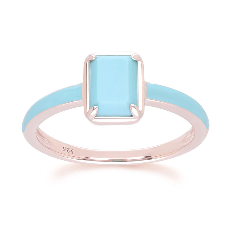 Bague Siberian Waltz En Émail Bleu Et Turquoise Octogonale En Or Vermeil Rose