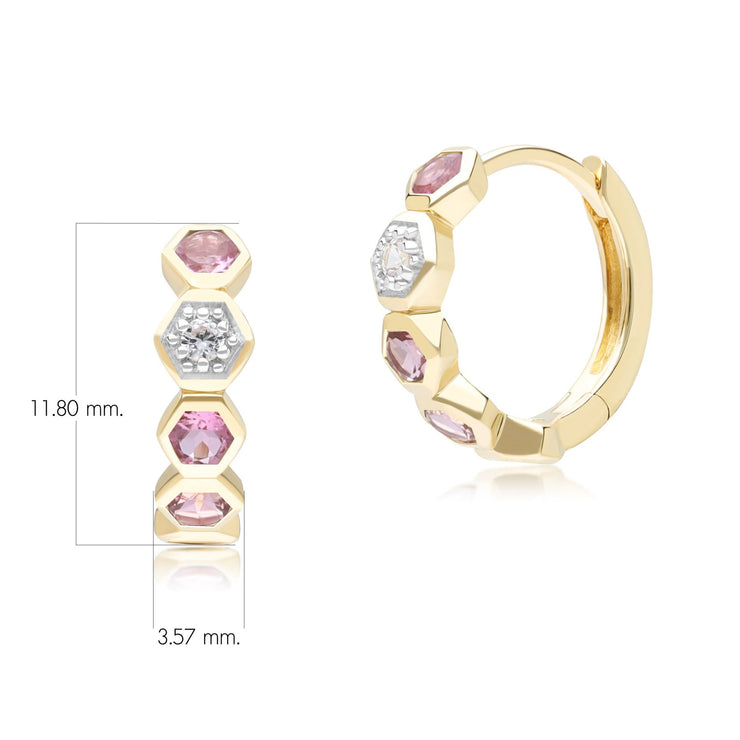 Boucles d'Oreilles Créoles Geometrique Hex en Or Jaune 9ct avec Tourmaline Rose et Saphir Ronds