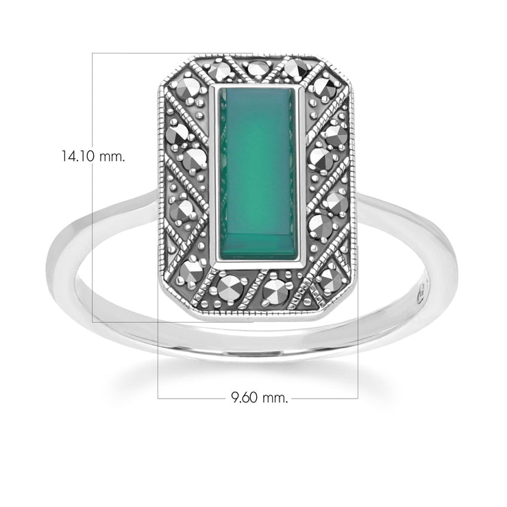 Bague Style Art Déco Rectangle en Argent Sterling avec Calcédoine et Marcassite