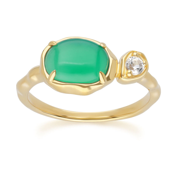 Bague Irrégulier en Argent Sterling Doré à l'Or Fin avec Calcédoine Verte Teinte Ovale et Topaze