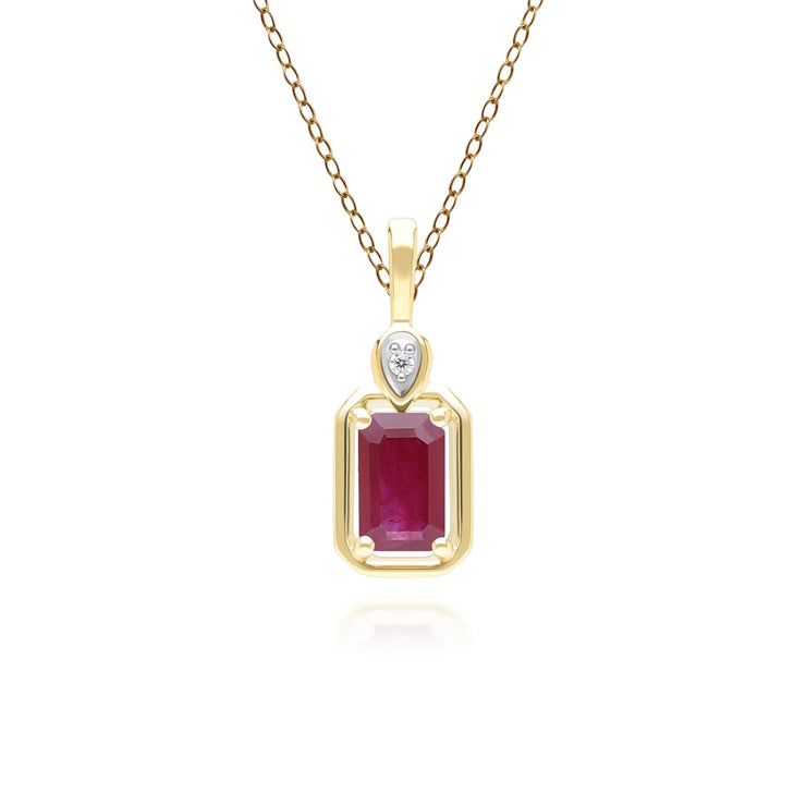 Collier Pendentif Classique en Or Jaune 9ct avec Rubis Baguette et Diamants