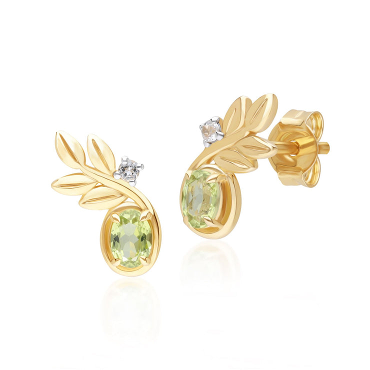 Boucles d'Oreilles Clou O Leaf en Or Jaune 9ct avec Péridot et Diamant