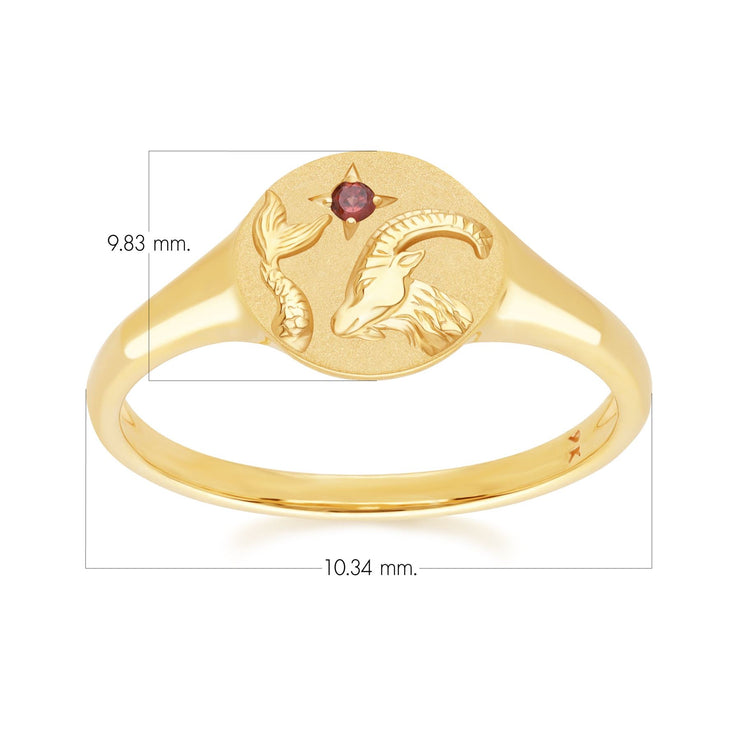 Bague Chevalière Zodiaque Capricorne en Or Jaune 9ct avec un Grenat