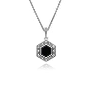 Pendentif Style Art Déco en Argent Sterling 925 avec Onyx Hexagone et Marcassite