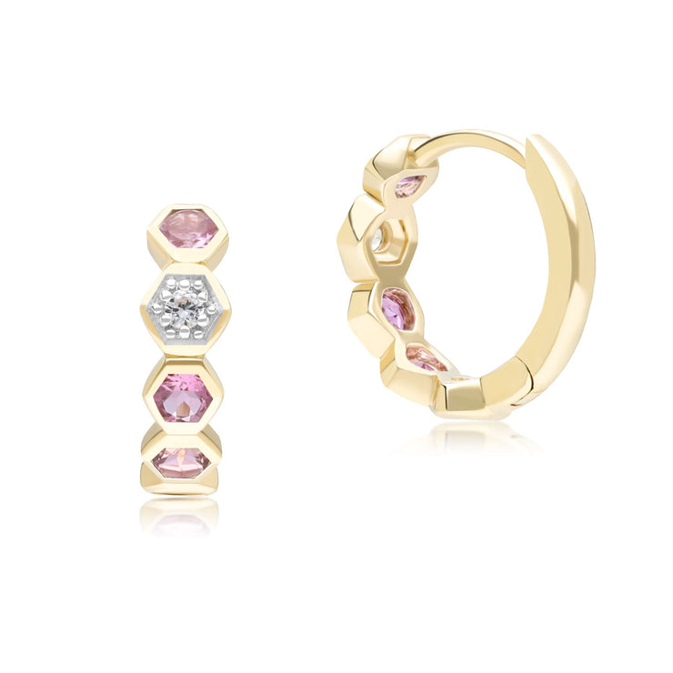 Boucles d'Oreilles Créoles Geometrique Hex en Or Jaune 9ct avec Tourmaline Rose et Saphir Ronds