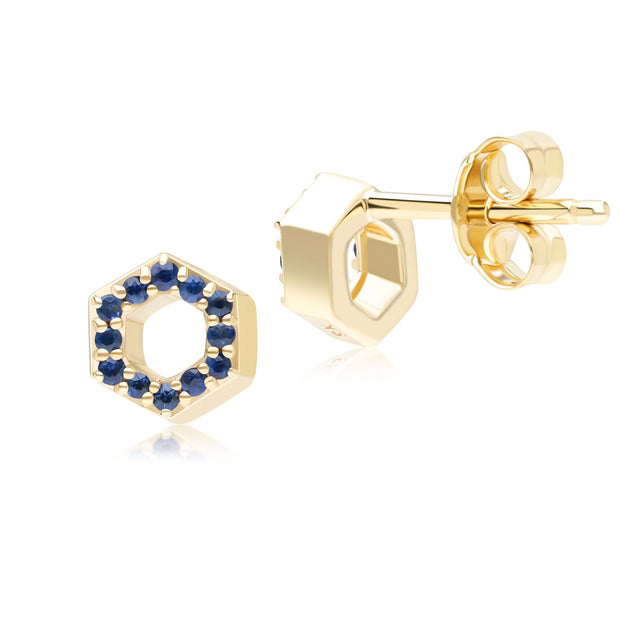 Boucles d'oreilles clou Geometric Hex en or jaune 9ct avec saphir