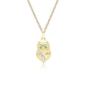 Pendentif Gardenia Chouette en Or Jaune 9ct avec Emeraude et Saphir Blanc