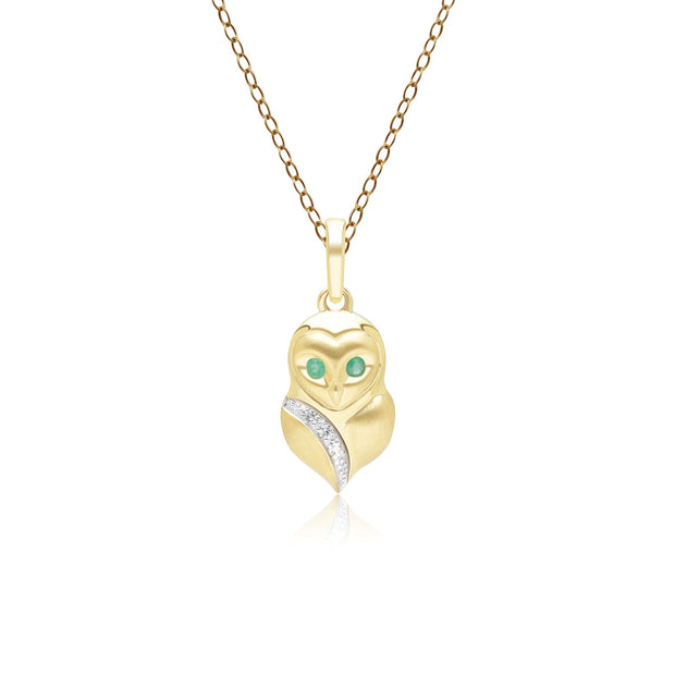 Pendentif Gardenia Chouette en Or Jaune 9ct avec Emeraude et Saphir Blanc